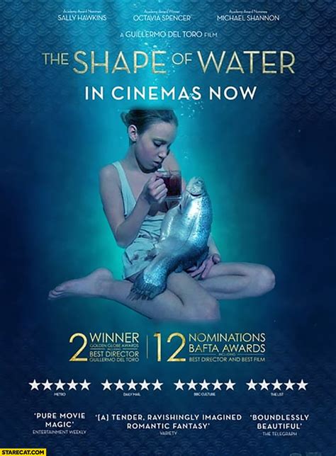 The shape of water in cinemas now girl drinking tea with a fish movie poster | StareCat.com