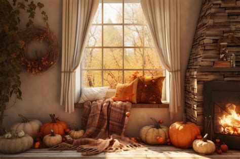 Cozy autumn interior with fireplace pumpkins and plaids | Premium AI ...