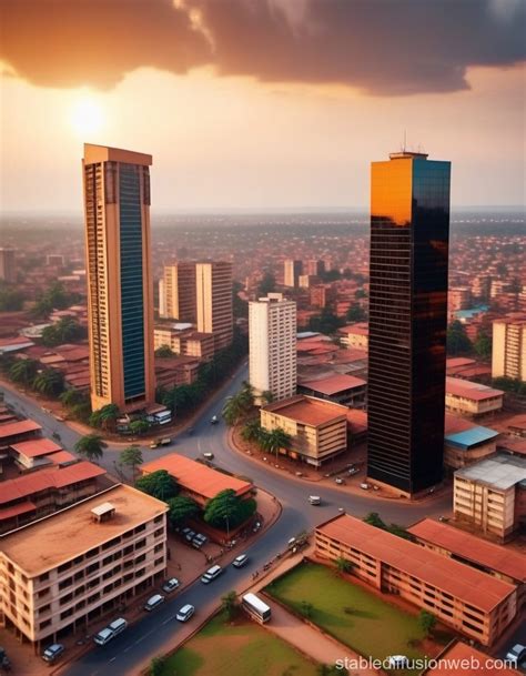 Kampala City Skyline in 2072: Golden Hour Drone Shot | Stable Diffusion Online