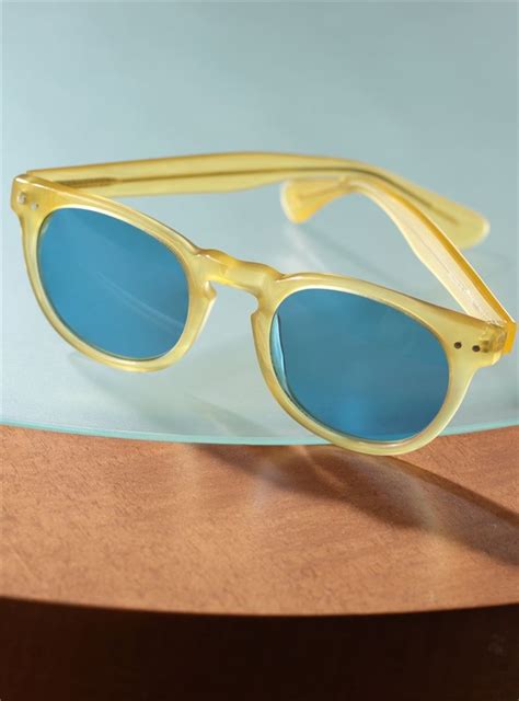 Semi-round Sunglasses in Yellow with Blue Lenses | Blue lenses, Round sunglasses, Sunglasses