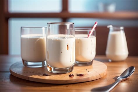 Premium Photo | Three glasses of milk on a wooden tray with a red straw on the side.