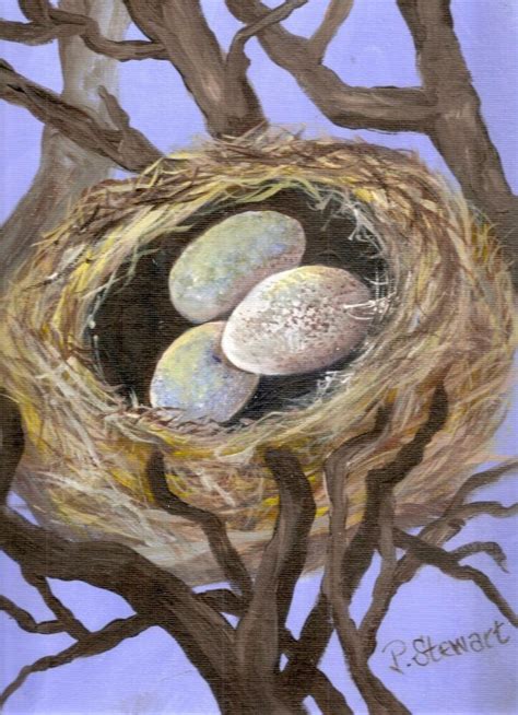 Bird Nest Tree speckled Eggs Acrylic Naive Outsider art Painting Penny ...