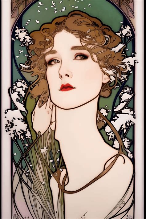 Mucha Style Woman's Face with Birds in Snow · Creative Fabrica