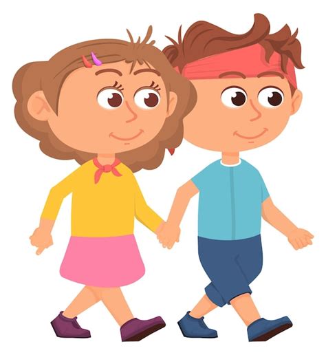 Premium Vector | Boy and girl walking together cartoon children hold hands