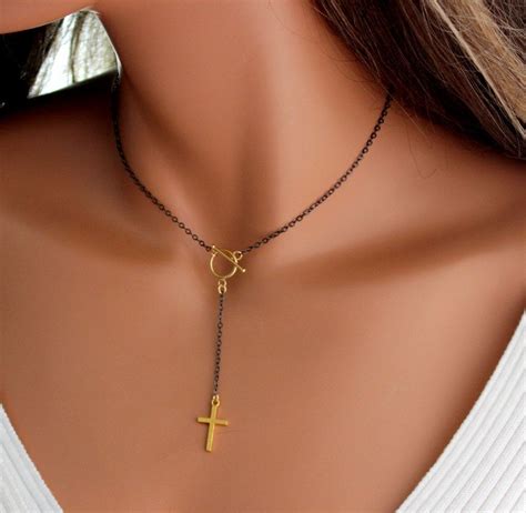 Rosary Necklace Black Sterling Silver Gold Filled Cross Pendant Two Tone Choker Jewelry Simple Y ...