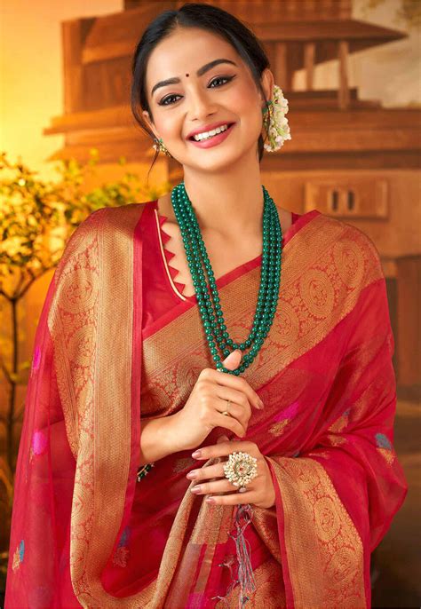 Buy Woven Kora Silk Saree in Coral Red Online : SFB1078 - Utsav Fashion