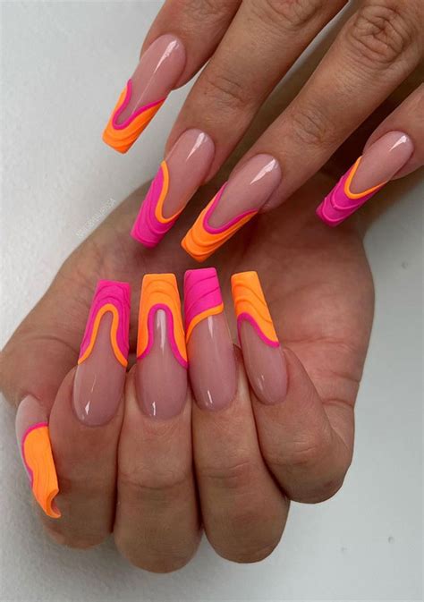 50 Best Summer Nails To Try in 2023 : Orange & Pink Abstract Tip Nails