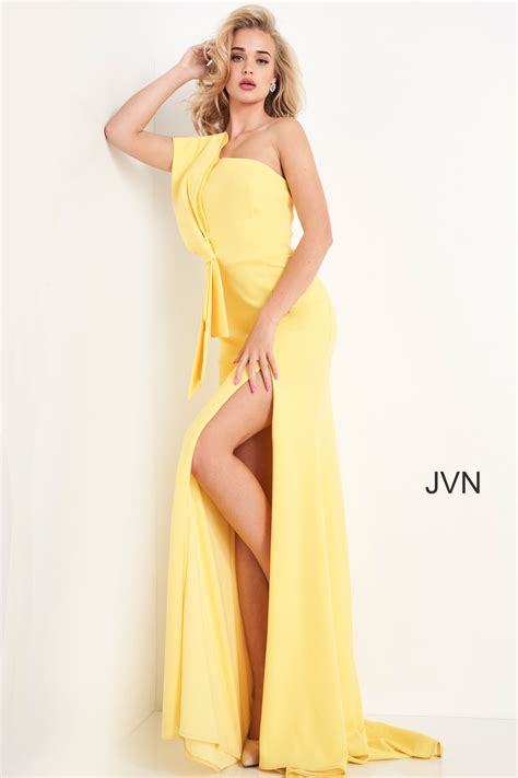 Jvn03140 Yellow One Shoulder Bow Sheath Prom Dress | Free Hot Nude Porn Pic Gallery