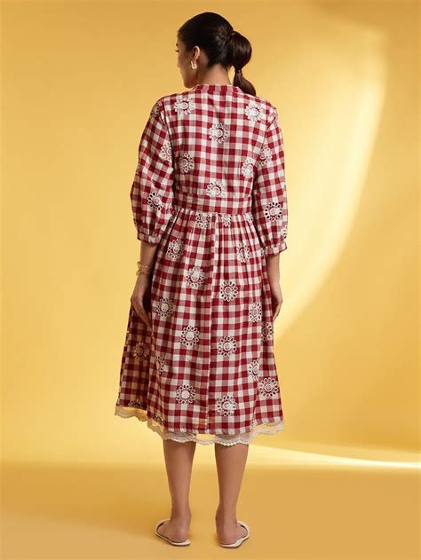 Buy Red White Checkered Cotton Gathered Dress | KAAS55FEB103/DRESS/R/KAAS55FEB | The loom