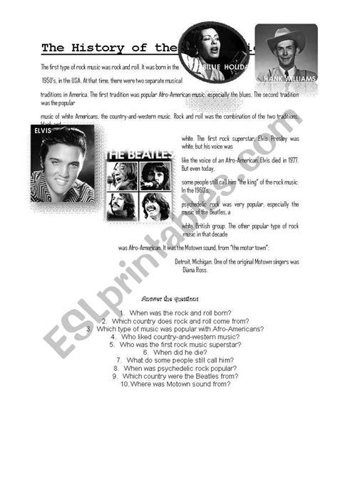 Reading Comprehension - The History of the Rock Music - ESL worksheet ...