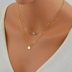 Tiny Initial Disc Necklace, Layered Gold Necklace, Cz Necklace Gold ...