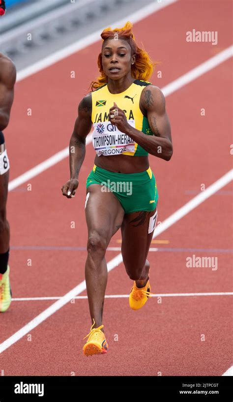 Elaine Thompson-Herah of Jamaica competing in the women’s 100m heats at the World Athletics ...