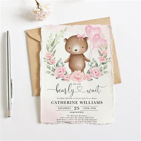 Girl Bear Baby Shower Invitation Template EDITABLE Teddy Bear | Etsy