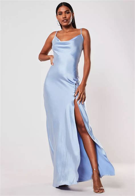 Blue Satin Cami Cowl Extreme Split Maxi Dress | Missguided | Silky prom dress, Silk formal dress ...