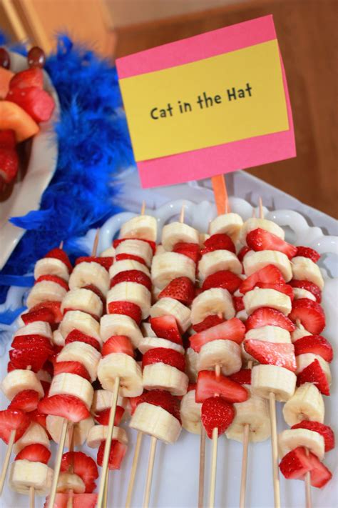 Dr. Seuss Baby Shower banana and strawberry skewers Dr Suess Baby, Dr Seuss Baby Shower, Twins ...