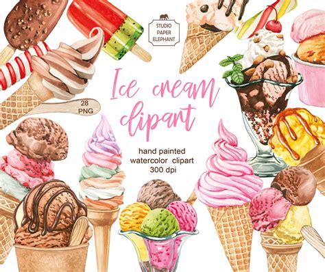 Ice Cream Watercolor Clipart, Ice Cream in a Bowl, Hand Drawn Ice Cream ...