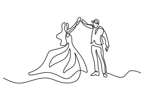 Continuous one line drawing of couple dance isolated on white background. Man with tuxedo and ...