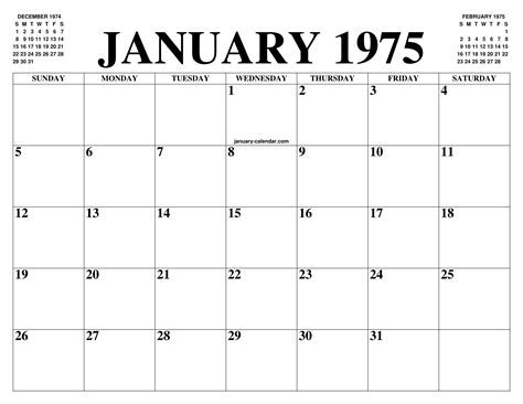 JANUARY 1975 CALENDAR OF THE MONTH: FREE PRINTABLE JANUARY CALENDAR OF ...