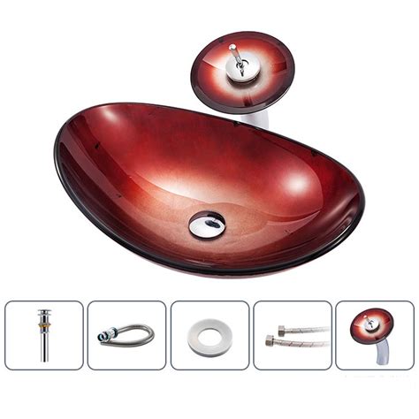 Gradient Red Sink and Faucet Set Tempered Glass Bathroom Countertop Waterfall Vessel Sink Tap ...