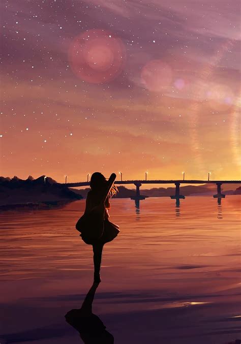 HD wallpaper: sunset, anime girls, silhouette, stars, hills, instrument ...