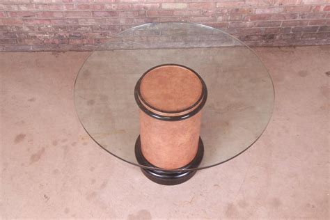 Karl Springer Style Modern Burl Wood Glass Top Pedestal Dining or Center Table For Sale at 1stDibs