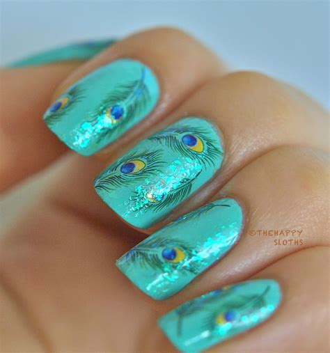 Peacock Feather Nails: Manicure Featuring Peacock Feather Water Decal Nail Stickers | The Happy ...