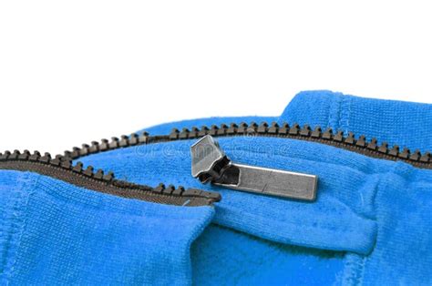 Broken Zipper On Blue Shirt Jacket. Detail Close-up Photo Stock Image ...