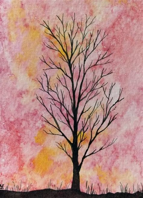 Sunset Silhouette Winter Tree Original Watercolor Painting - Etsy