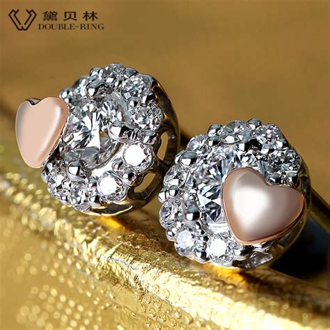 DOUBLE R Genuine Diamond Real Pure Solid 18k Gold Earrings For Girls 18k White Gold Stud ...