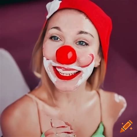 Woman in clown nose dropping a cake