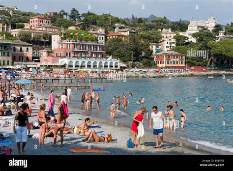 Beach at Santa Margherita Ligure in the late afternoon, Golfo del Tigullio, Italian Riviera ...