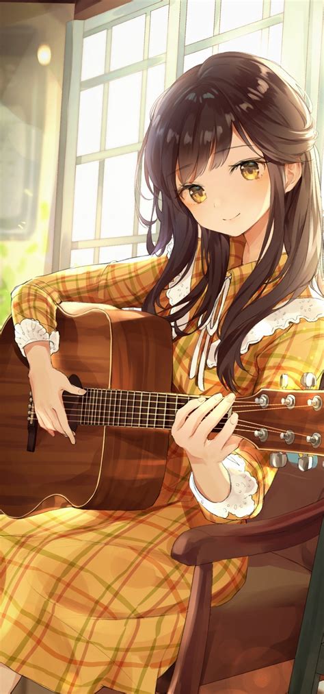 Anime Girl, Playing Guitar, Instrument, Music, Cute, - Beautiful Anime Girl With Brown Hair ...
