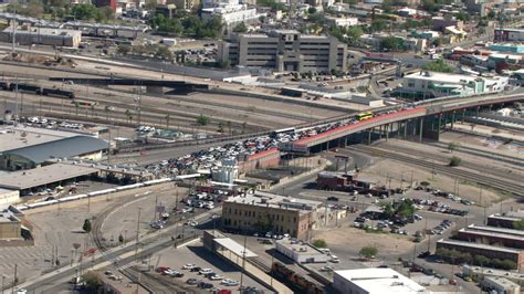 HD stock footage aerial video of the Texas side of the Paso del Norte International Bridge ...