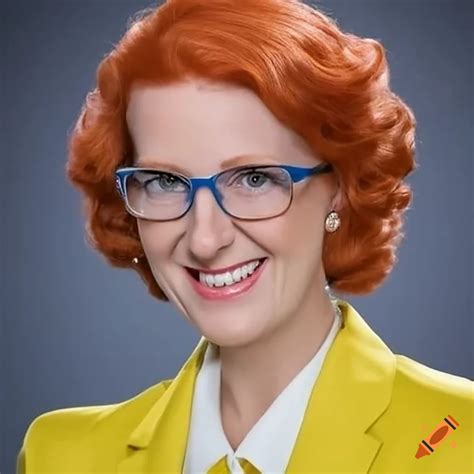 Red-haired female politician in yellow tuxedo with glasses on Craiyon