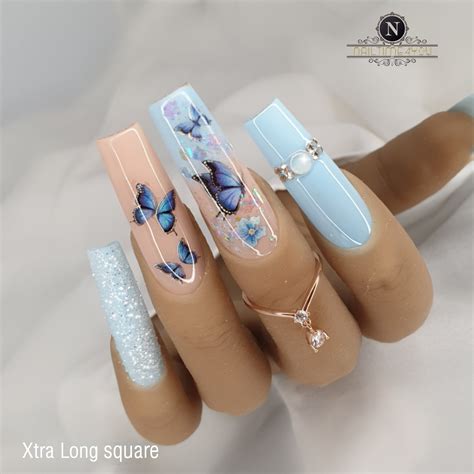 Box False Nails With Blue Butterfly Designs Long Coffin Ballerina Fake ...