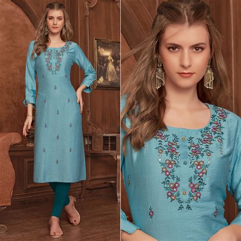 Blue Floral Embroidered Rayon Kurti