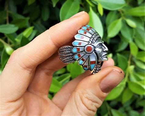 American Indian Ring Sterling Silver 925 Tribal Chief Warrior Natural TURQUOISE, Mother of Pear ...