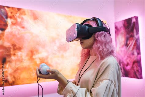 Virtual Reality and Metaverse Concept. Woman Visiting VR Art Gallery in ...