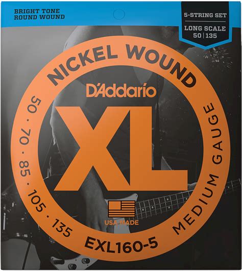 D'Addario XL Nylon Tapewound ETB92 Bass Guitar Strings Medium 50-105 ETB92-5 5-String Long Scale ...