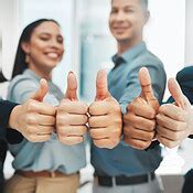 Thumbs up, success and group of business people winning, support or ...