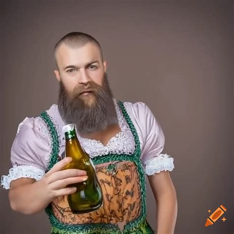 Man in dirndl holding a beer bottle on Craiyon