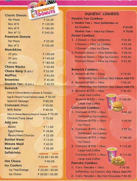 Menu at Dunkin' Donuts cafe, Marikina, J3MX+JR5