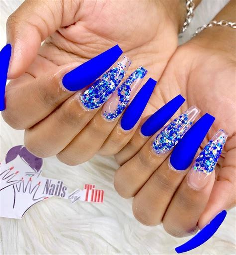 Long Acrylic Nail Ideas Coffin Royal Blue And Glitter - Tips Color ...