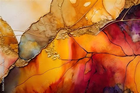 Alcohol ink fluid art painting technique. Warm tones. Suitable for backgrounds of posters ...