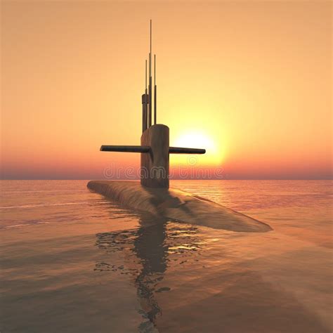 Modern Submarine in the Open Sea at Sunset Stock Illustration ...