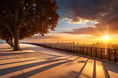 Premium Photo | A sunset view of a cityscape with a tree and a fence in ...