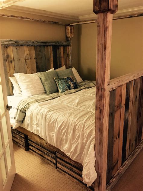 My husband made this king size bed frame out of pallets! Pallet Bed ...