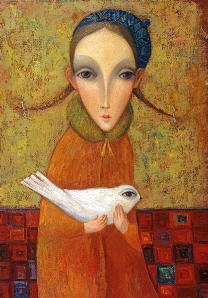 (Russia) Girl and White Bird by Sergey Smirnov (1953- 2006) Abstract Portrait, Portrait Art ...