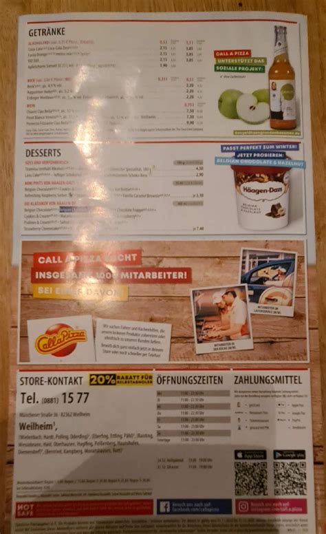 Menu at Call a Pizza, Weilheim in Oberbayern