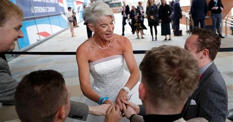 Former radio host Katie Hopkins hands out leaflets in a wedding dress at Tory Conference ...